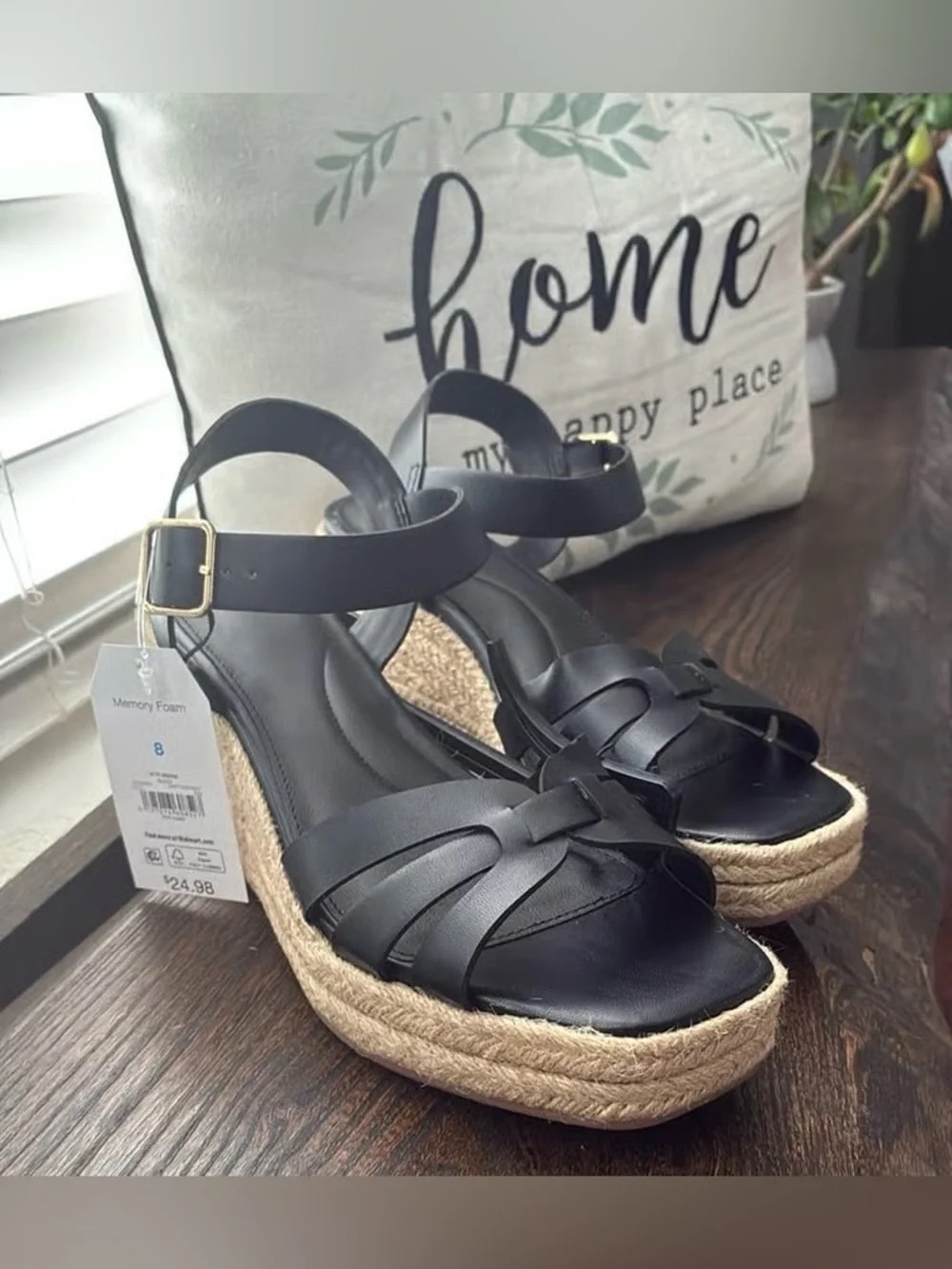 Time and Tru Black Espadrille Wedge Sandals with Ankle Strap